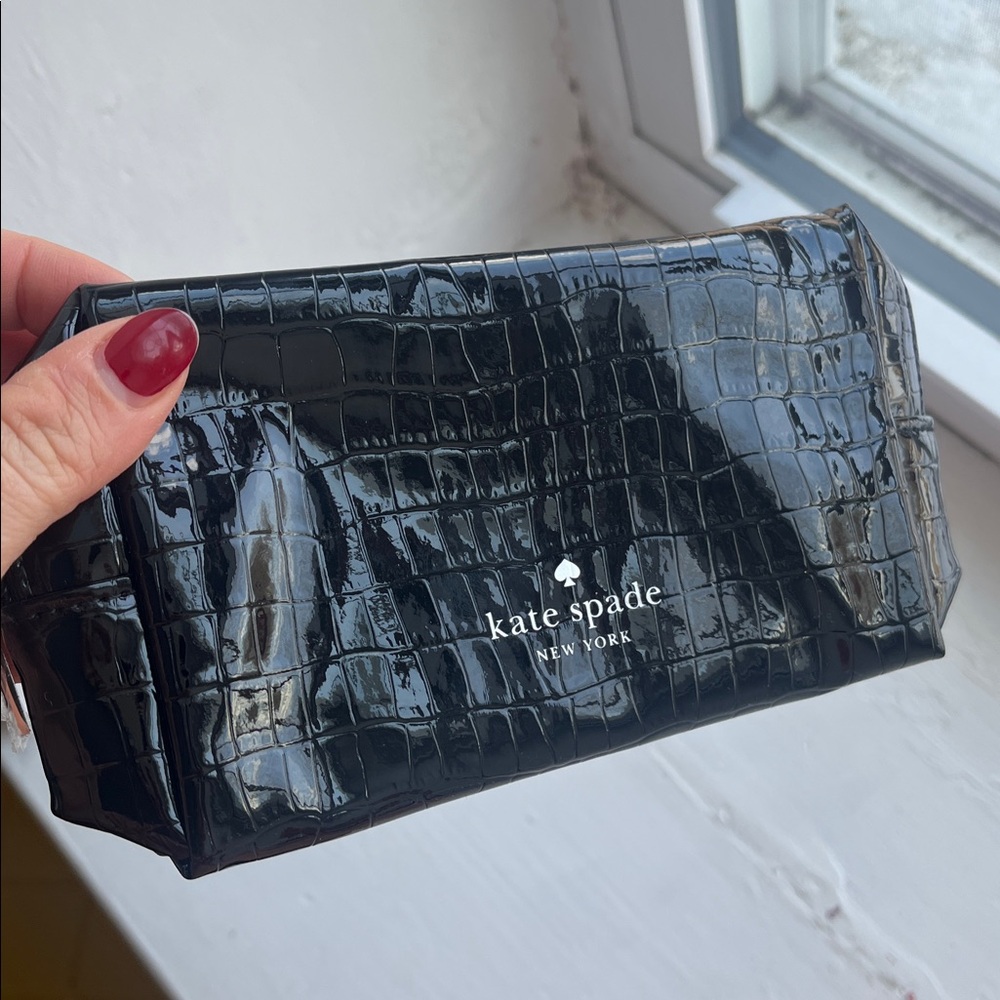 Kate Spade Glossy Black Crocodile Toiletry Bag NWOT